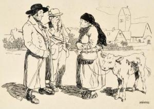 KAINRADL Leo 1872-1943,Drei Landleute mit einem Kalb,Allgauer DE 2011-04-14