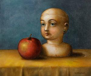 KALISH Lionel 1931,Doll's head and apple on yellow table,1984,Leo Spik DE 2021-12-09