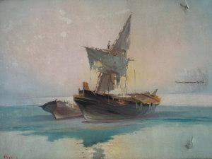 KALOGEROPOULOS Leon,Old sailing vessels beached on a shore in the mist,Rosebery's 2009-08-04