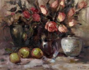 KAMIN Jacqueline 1950,Floral still life with roses and apples,John Moran Auctioneers US 2020-06-24