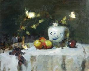 KAMIN Jacqueline 1950,Still life with roses, apples and grapes,John Moran Auctioneers US 2020-06-24