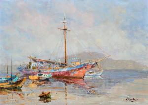 KANAS Antonis 1915-1995,Zeilboot voor anker bij een Grieks eiland,Venduehuis NL 2016-01-27