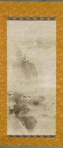 KANO SCHOOL,MOON OVER MOUNTAIN LANDSCAPE WITH A PAGODA AND A VILLAGE,Galerie Koller CH 2014-10-30