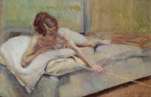 KARBOWSKY Adrien 1855-1945,Young lady lying on a bed with a pipe,1912,Woolley & Wallis GB 2020-08-26