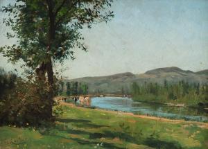 KARCHER Gustave 1831-1908,Sommerliche Flusslandschaft mit Personenstaff,Hargesheimer Kunstauktionen 2013-09-20
