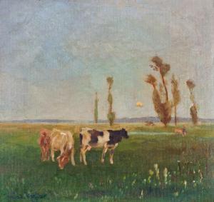 KARLICEK HEINZ Heinrich,Weite Landschaft mit weidenden Kühen und Sonnenbal,1923,Leo Spik 2016-10-06