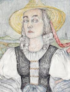 Karmann Elisabeth Koelle 1890-1974,Selbstbildnis - Halbporträt in Tracht und Strohhu,DAWO Auktionen 2015-07-29