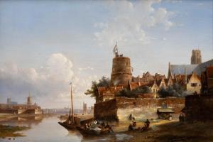 KARSEN Kasparus 1810-1896,A river town with figures on an old tower,Venduehuis NL 2023-11-15