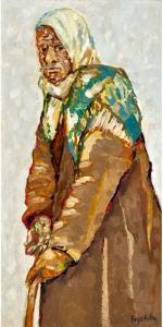 KATHY Roger 1934-1979,Bildnis eines alten Mannes mit Stock und Kopfbedec,Dobiaschofsky CH 2023-11-08