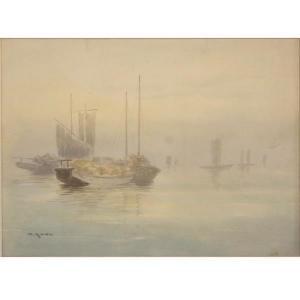 KATO Kentaro 1889-1926,Boats in a harbor (Possibly Yokohama),Ripley Auctions US 2019-07-20