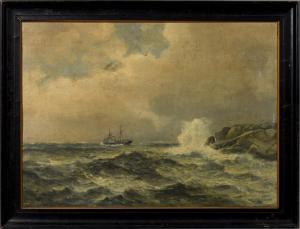 KAULUM Haakon Jensen 1863-1933,a fishing trawler close to the rocks in rough ,Tring Market Auctions 2017-09-01
