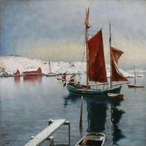 KAULUM Haakon Jensen 1863-1933,View from a Norwegian fjord with anchoring fish,1892,Bruun Rasmussen 2016-04-18