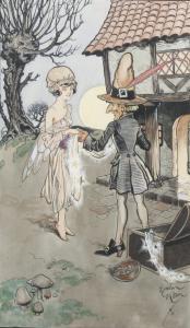 KEEN E.Alan 1900-1900,pedlar and a fairy before a cottage, beside a 'liv,Fellows & Sons 2013-06-03