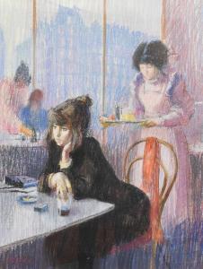 KEENE Arthur 1930-2013,Girl in a black dress seated in a cafe,Tennant's GB 2024-01-26