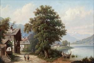 KELLER A 1852,A Swiss lakeside village with figures, mountainous background,Adams IE 2018-06-17
