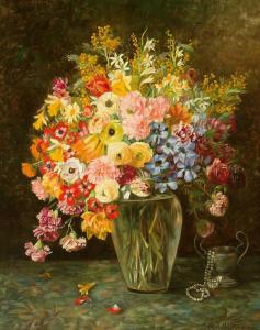 KELLER HERMANN Marie 1868-1952,Großes Blumenstilleben in Glasvase vor dunklem Hin,Zeller 2015-06-26