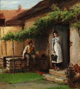 KEMPLEN ALFRED R,A kitchenmaid and a boy at the kitchen door,1900,Bruun Rasmussen 2020-12-07
