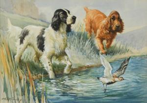 KENNEDY Albert Ernest 1883-1963,Spaniels by a river with a red-necked phalarope,Cheffins 2021-09-29