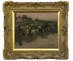 KENNEDY William 1860-1918,CATTLE WATERING BY A RIVERSIDE AT DAWN,McTear's GB 2022-04-27