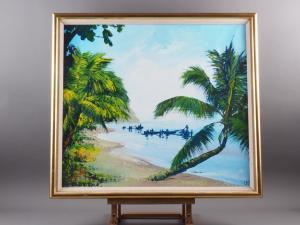 KENNETH Abendana Spencer,Jamaican coastal scene with palm trees and boats,Jones and Jacob 2022-08-10