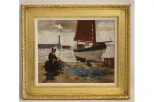 KERMAREC YANN 1900,Mending the Nets on the Harbourside,Hartleys Auctioneers and Valuers 2015-12-02
