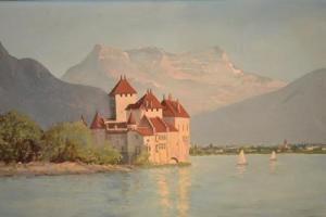 KIDGER C.W 1900-1900,chateau on the edge of an Alpine lake,Fieldings Auctioneers Limited 2012-10-06