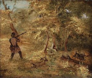 KIELLERUP Theodor Julius,A hunter with his dogs, hunting in the forest,Bruun Rasmussen 2023-08-28