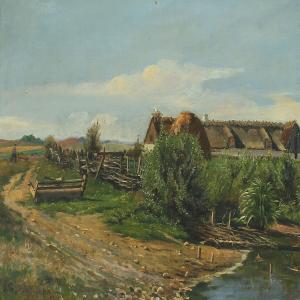 KIELLERUP Theodor Julius 1818-1850,Landscape with thatched farm and peasant with wh,Bruun Rasmussen 2015-09-07