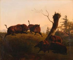 KIELLERUP Theodor Julius 1818-1850,Landscape with wild boars playing in the su,1841,Bruun Rasmussen 2019-04-01