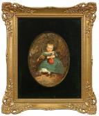 KINDERMANN Adolph Dietrich 1823-1892,Porträt eines sitzenden Mädchens mit Puppe an ein,1855,Schloss 2020-02-29