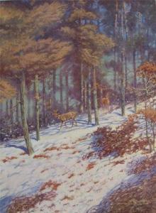 KING Eric Meade 1911-1987,deer in snowy wooded landscape,Serrell Philip GB 2009-03-19
