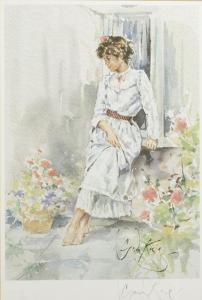 KING Gordon 1939-2022,An Elegant Lady Dressed in White by Pots of Plants,John Nicholson 2018-05-23