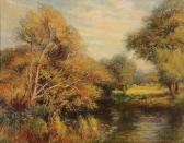 KINGSTON Thomas 1863-1929,A tree lined river landscape in summer with grazin,Mallams GB 2016-07-14