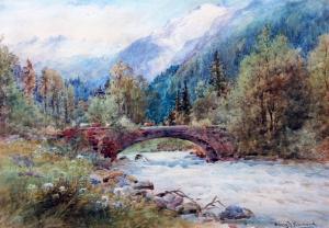 KINNARD HENRY JOHN,Swiss mountain landscape with river and bridge,Warren & Wignall 2017-03-15