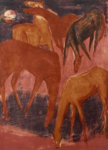 KIRCHNER G 1800-1900,Grasende Pferde Gruppe von fünf Pferden im Mondschein,1956,Mehlis DE 2018-05-24