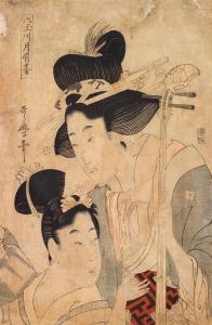 KITAGAWA UTAMARO I 1797-1858,deux geisha en buste, l'une tenant un shamisen,Tajan FR 2016-04-12