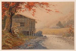 KIYOHARU Yokouchi 1870-1942,A rural home and running stream in fall colors,Eldred's US 2014-08-13