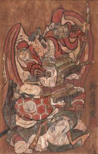 KIYOSHIGE Torii 1716-1764,Kusazuribiki ("Armor-pulling") scene from a Soga p,Christie's 1998-10-27