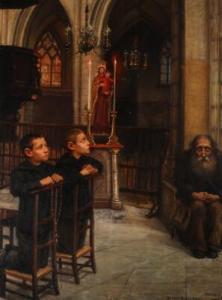 KJELLBERG JUEL Astrid,Church interior with two boys praying,1901,Bruun Rasmussen 2022-04-04
