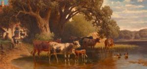 KLASS Friedrich Christian 1752-1827,Kühe und Enten im Wasser, am Ufer ein Bauernpaar,Galerie Koller 2018-03-23