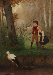 KLEIN Friedrich Emil 1845-1912,Kinder beim Beobachten eines Storches,Kastern DE 2018-09-22