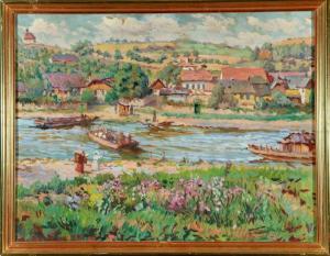 KLEIN OR Victor 1870-1939,Dorf am Fluss mit übersetzenden Booten,Allgauer DE 2015-04-16