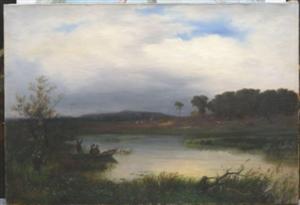 KLEIN Wilhelm,Jäger am Flussufer, im Hintergrund Tiere am Waldra,1869,Georg Rehm 2021-05-06