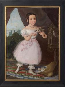 KLIMKOVICS Ferenc,PORTRAIT OF A YOUNG GIIRL IN PINK STANDING BESIDE ,1854,Northeast 2013-08-04