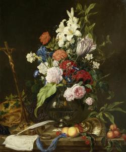 KLOCKE M 1900-1900,Flowers in a glass vase on a ledge, with a crucifi,Bonhams GB 2015-04-29