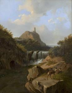 KNIP August 1819-1859,Wasserfall in einer Felsschlucht mit Rehen,Galerie Bassenge DE 2020-06-03