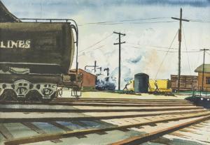 KNOWLES Joseph 1907-1980,Industrial scene with trains and figures,John Moran Auctioneers 2018-03-27