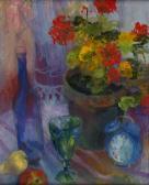 KNUTT Liz,Still Life with Flowers, Fruit, Clock and Glasswar,20th century,Tooveys Auction 2019-01-23