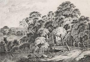 KOBELL Franz Innocenz 1749-1822,Zwei Männer auf Holzbrücke bei einem Tor; Reit,1782,Winterberg Arno 2023-10-21