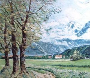 KOBER R 1900-1940,Blick auf ein Alpendorf vor verschneitem Bergzug,1930,Heickmann DE 2009-06-27